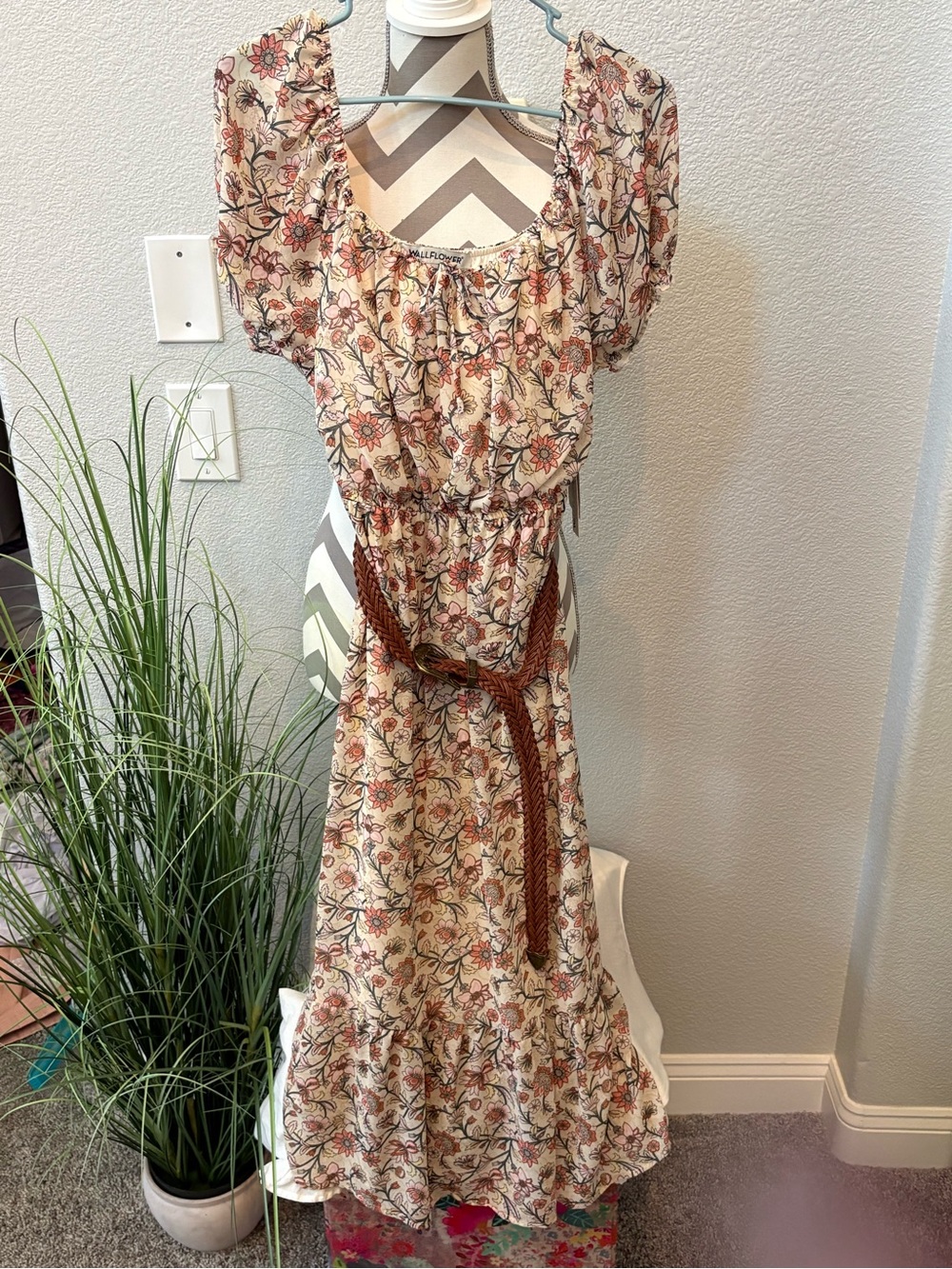 Wallflower Floral Cream Boho Maxi Dress with Brown Belt